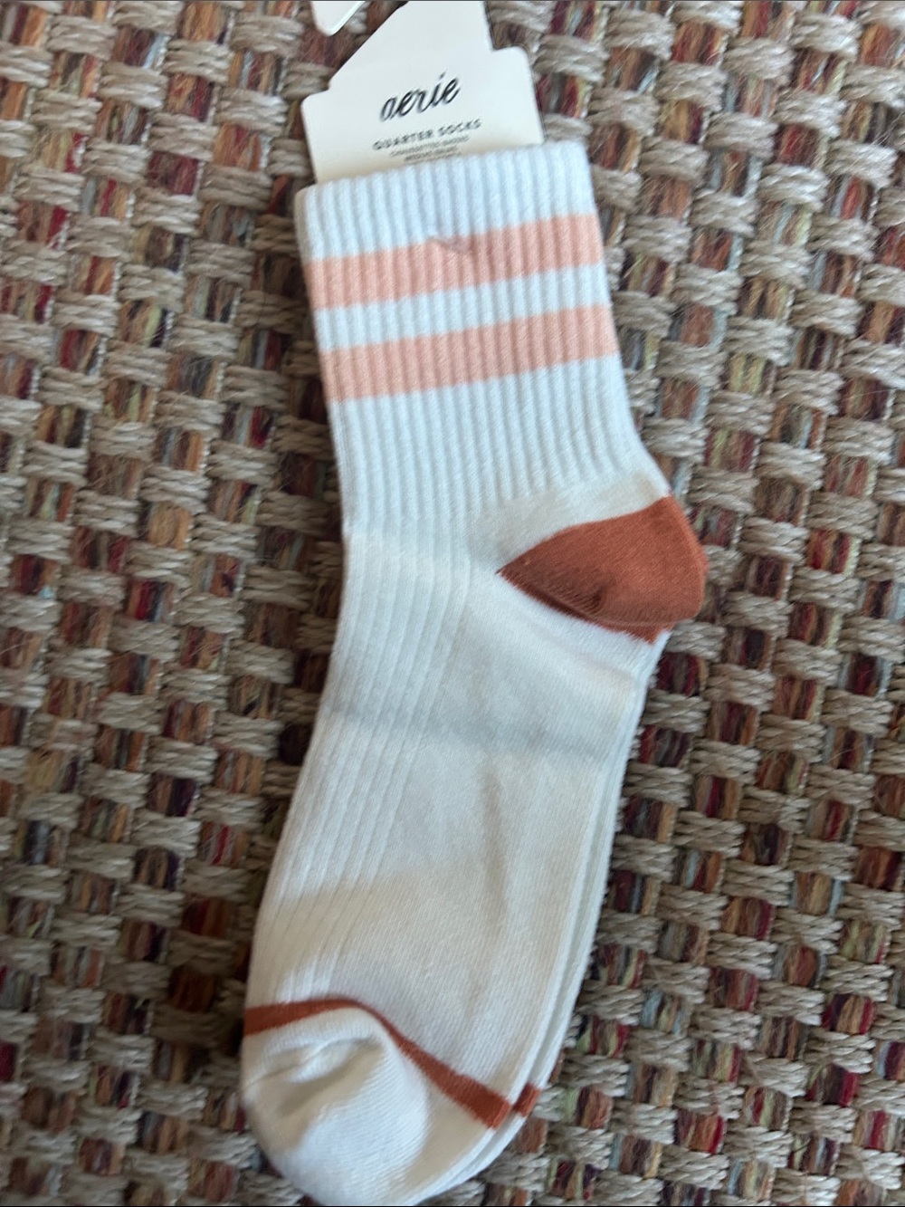 aerie White Socks with Peach Stripes and Rust Heel
